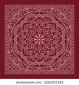 Circular pattern in form of mandala with flower for Henna, Mehndi, decoration. Red decorative ornament in ethnic oriental style for a bandana. Outline doodle hand draw vector illustration.