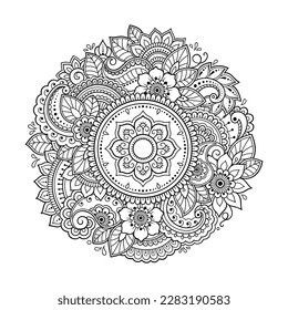 Circular pattern in form of mandala with flower for Henna, Mehndi, tattoo, decoration. Decorative ornament in ethnic oriental style. Outline doodle hand draw vector illustration.