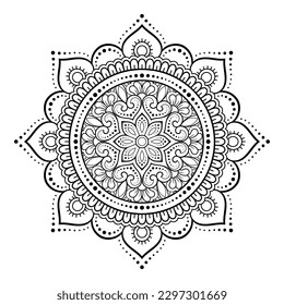 Circular pattern in form of mandala with flower for Henna, Mehndi, tattoo, decoration. Decorative ornament in ethnic oriental style. Outline doodle hand draw vector illustration.