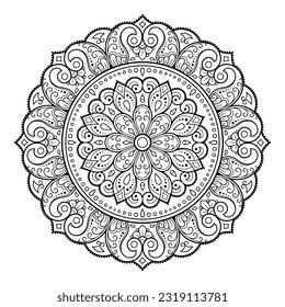 Circular pattern in form of mandala with flower for Henna, Mehndi, tattoo, decoration. Decorative ornament in ethnic oriental style. Outline doodle hand draw vector illustration.