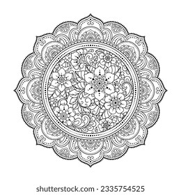 Circular pattern in form of mandala with flower for Henna, Mehndi, tattoo, decoration. Decorative ornament in ethnic oriental style. Outline doodle hand draw vector illustration.