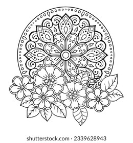 Circular pattern in form of mandala with flower for Henna, Mehndi, tattoo, decoration. Decorative ornament in ethnic oriental style. Outline doodle hand draw vector illustration.