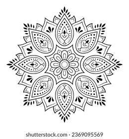 Circular pattern in form of mandala with flower for Henna, Mehndi, tattoo, decoration. Decorative ornament in ethnic oriental style. Outline doodle hand draw vector illustration.
