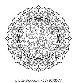 Circular pattern in form of mandala with flower for Henna, Mehndi, tattoo, decoration. Decorative ornament in ethnic oriental style. Outline doodle hand draw vector illustration.