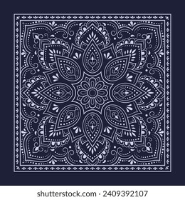 Circular pattern in form of mandala with flower for Henna, Mehndi, decoration. Blue decorative ornament in ethnic oriental style for a bandana. Outline doodle hand draw vector illustration.