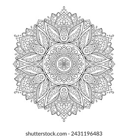 Circular pattern in form of mandala with flower for Henna, Mehndi, tattoo, decoration. Decorative ornament in ethnic oriental style. Outline doodle hand draw vector illustration.