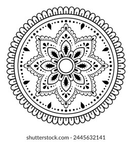 Circular pattern in form of mandala with flower for Henna, Mehndi, tattoo, decoration. Decorative ornament in ethnic oriental style. Outline doodle hand draw vector illustration.