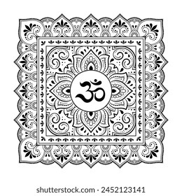 Circular pattern in form of mandala for with flower Henna, Mehndi, tattoo, decoration. Decorative ornament in oriental style with ancient Hindu mantra OM. Outline doodle vector illustration.