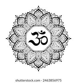 Circular pattern in form of mandala for with flower Henna, Mehndi, tattoo, decoration. Decorative ornament in oriental style with ancient Hindu mantra OM. Outline doodle vector illustration.