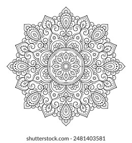 Circular pattern in form of mandala with flower for Henna, Mehndi, tattoo, decoration. Decorative ornament in ethnic oriental style. Outline doodle hand draw vector illustration.