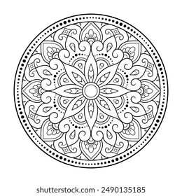 Circular pattern in form of mandala with flower for Henna, Mehndi, tattoo, decoration. Decorative ornament in ethnic oriental style. Outline doodle hand draw vector illustration.