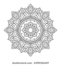 Circular pattern in form of mandala with flower for Henna, Mehndi, tattoo, decoration. Decorative ornament in ethnic oriental style. Outline doodle hand draw vector illustration.