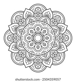 Circular pattern in form of mandala with flower for Henna, Mehndi, tattoo, decoration. Decorative ornament in ethnic oriental style. Outline doodle hand draw vector illustration.
