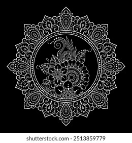 Circular pattern in form of mandala with flower for Henna, Mehndi, tattoo, decoration. Decorative ornament in ethnic oriental style. Outline doodle hand draw vector illustration.