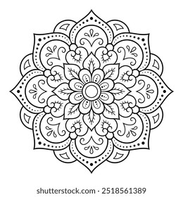 Circular pattern in form of mandala with flower for Henna, Mehndi, tattoo, decoration. Decorative ornament in ethnic oriental style. Outline doodle hand draw vector illustration.