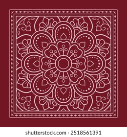 Padrão circular em forma de mandala com flor para Henna, Mehndi, decoração. Ornamento decorativo vermelho em estilo oriental étnico para uma bandana. Contorno mão rabiscar desenhar ilustração vetorial.