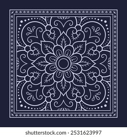 Padrão circular em forma de mandala com flor para Henna, Mehndi, decoração. Ornamento decorativo azul em estilo oriental étnico para uma bandana. Contorno mão rabiscar desenhar ilustração vetorial.