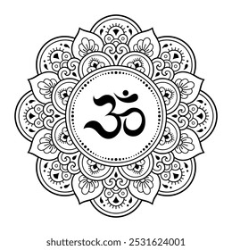 Circular pattern in form of mandala for with flower Henna, Mehndi, tattoo, decoration. Decorative ornament in oriental style with ancient Hindu mantra OM. Outline doodle vector illustration.