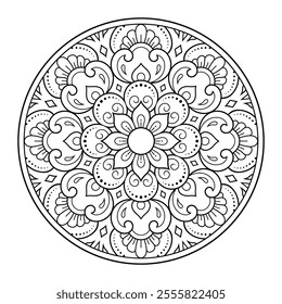 Circular pattern in form of mandala with flower for Henna, Mehndi, tattoo, decoration. Decorative ornament in ethnic oriental style. Outline doodle hand draw vector illustration.
