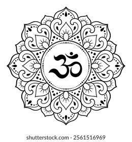 Circular pattern in form of mandala for with flower Henna, Mehndi, tattoo, decoration. Decorative ornament in oriental style with ancient Hindu mantra OM. Outline doodle vector illustration.