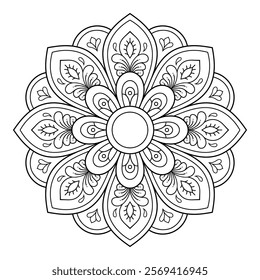 Circular pattern in form of mandala with flower for Henna, Mehndi, tattoo, decoration. Decorative ornament in ethnic oriental style. Outline doodle hand draw vector illustration.