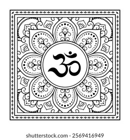 Circular pattern in form of mandala for with flower Henna, Mehndi, tattoo, decoration. Decorative ornament in oriental style with ancient Hindu mantra OM. Outline doodle vector illustration.