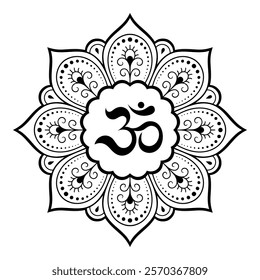 Circular pattern in form of mandala for with flower Henna, Mehndi, tattoo, decoration. Decorative ornament in oriental style with ancient Hindu mantra OM. Outline doodle vector illustration.