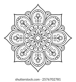 Circular pattern in form of mandala with flower for Henna, Mehndi, tattoo, decoration. Decorative ornament in ethnic oriental style. Outline doodle hand draw vector illustration.