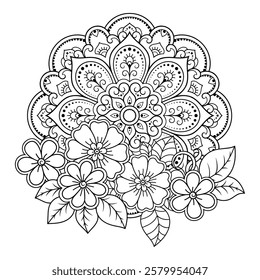Circular pattern in form of mandala with flower for Henna, Mehndi, tattoo, decoration. Decorative ornament in ethnic oriental style. Outline doodle hand draw vector illustration.