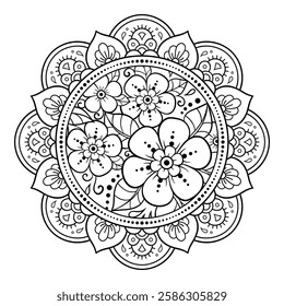 Circular pattern in form of mandala with flower for Henna, Mehndi, tattoo, decoration. Decorative ornament in ethnic oriental style. Outline doodle hand draw vector illustration.