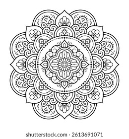 Circular pattern in form of mandala with flower for Henna, Mehndi, tattoo, decoration. Decorative ornament in ethnic oriental style. Outline doodle hand draw vector illustration.