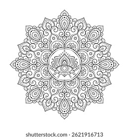 Circular pattern in form of mandala with flower for Henna, Mehndi, tattoo, decoration. Decorative ornament in ethnic oriental style. Outline doodle hand draw vector illustration.