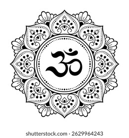 Circular pattern in form of mandala for with flower Henna, Mehndi, tattoo, decoration. Decorative ornament in oriental style with ancient Hindu mantra OM. Outline doodle vector illustration.