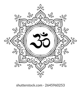 Circular pattern in form of mandala for with flower Henna, Mehndi, tattoo, decoration. Decorative ornament in oriental style with ancient Hindu mantra OM. Outline doodle vector illustration.