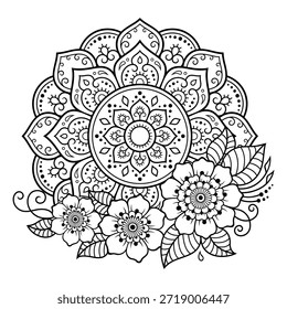 Patrón circular en forma de mandala con flor para Henna, Mehndi, tatuaje, decoración. Adorno decorativo en estilo étnico oriental. Ilustración vectorial de dibujo a mano de doodle.