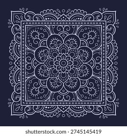 Circular pattern in form of mandala with flower for Henna, Mehndi, decoration. Blue decorative ornament in ethnic oriental style for a bandana. Outline doodle hand draw vector illustration.