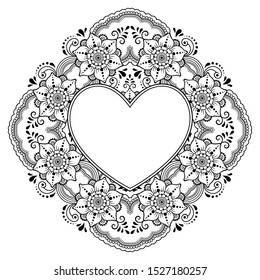 Circular pattern in form of mandala with frame in shape of heart. Decorative ornament in ethnic oriental mehndi style. Outline doodle hand draw vector illustration. Antistress coloring book page.