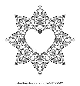 Circular pattern in form of mandala with frame in shape of heart. Decorative ornament in ethnic oriental mehndi style. Outline doodle hand draw vector illustration. Antistress coloring book page.