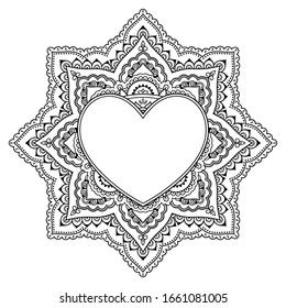 Circular pattern in form of mandala with frame in shape of heart. Decorative ornament in ethnic oriental mehndi style. Outline doodle hand draw vector illustration. Antistress coloring book page.