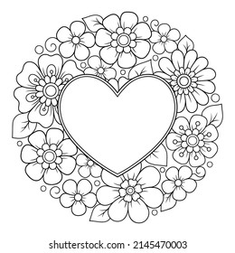 Circular pattern in form of mandala with frame in shape of heart. Decorative ornament in ethnic oriental mehndi style. Outline doodle hand draw vector illustration. Antistress coloring book page.