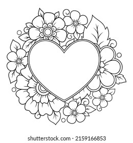 Circular pattern in form of mandala with frame in shape of heart. Decorative ornament in ethnic oriental mehndi style. Outline doodle hand draw vector illustration. Antistress coloring book page.