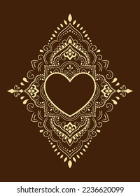 Circular pattern in form of mandala with frame in shape of heart. Decorative ornament in ethnic oriental mehndi style. Outline doodle hand draw vector illustration. Antistress coloring book page.