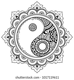 Circular pattern in form of mandala for Henna, Mehndi, tattoo, decoration. Decorative ornament in oriental style with Yin-yang hand drawn symbol. Coloring book page.