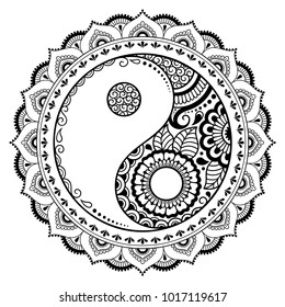 Circular pattern in form of mandala for Henna, Mehndi, tattoo, decoration. Decorative ornament in oriental style with Yin-yang hand drawn symbol. Coloring book page.