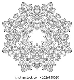 Circular pattern in form of mandala for Henna, Mehndi, tattoo, decoration. Decorative ornament in ethnic oriental style. Coloring book page.