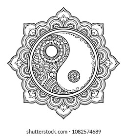 Circular pattern in form of mandala for Henna, Mehndi, tattoo, decoration. Decorative ornament in oriental style with Yin-yang hand drawn symbol. Coloring book page.