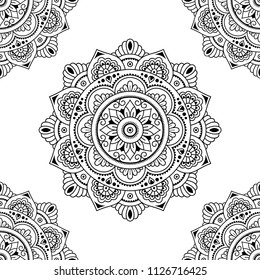 Circular pattern in form of mandala for Henna, Mehndi, tattoo, decoration. Seamless decorative ornament in ethnic oriental style. Coloring book page.