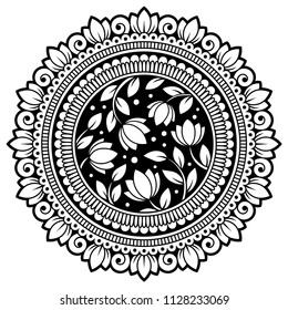 Circular pattern in form of mandala for Henna, Mehndi, tattoo, decoration. Decorative ornament in ethnic oriental style. Coloring book page.