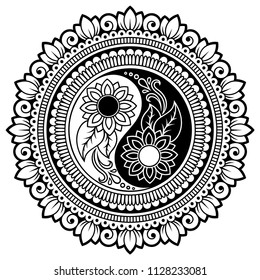 Circular pattern in form of mandala for Henna, Mehndi, tattoo, decoration. Decorative ornament in oriental style with Yin-yang hand drawn symbol. Coloring book page.