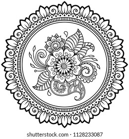 Circular pattern in form of mandala for Henna, Mehndi, tattoo, decoration. Decorative ornament in ethnic oriental style. Coloring book page.